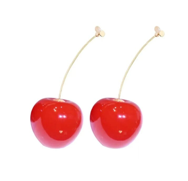 Pendientes cereza tamaño natural de resina sintética y acero inoxidable 304