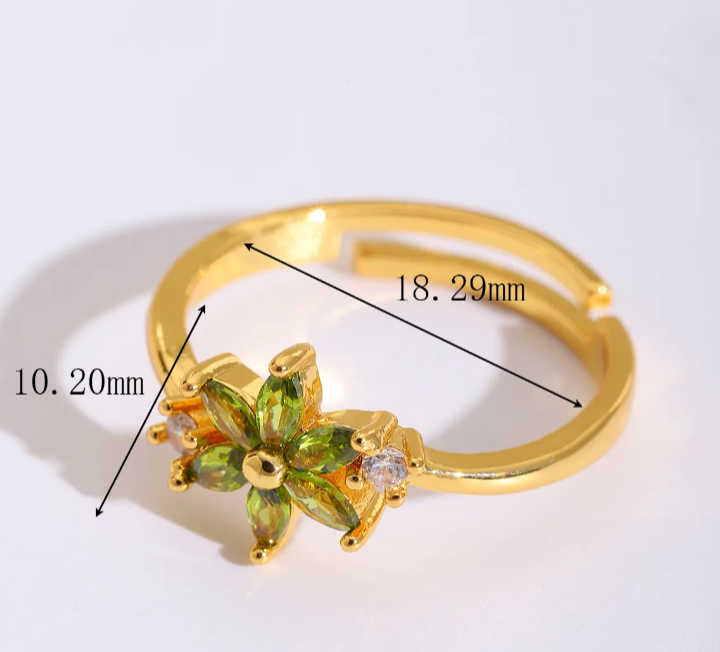Anillo dulce flor verde cobre circón chapado en oro de 18 k