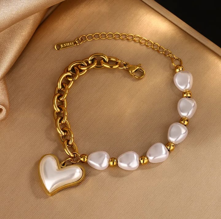 Pulsera elegante de corazón en acero inoxidable 304 y enchape de oro de 18 k en color blanco