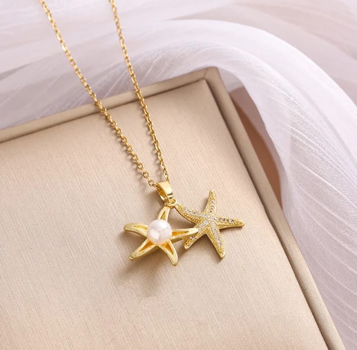 Cadena con dije de estrella de mar acero inoxidable 304 y chapado en oro de 18 k