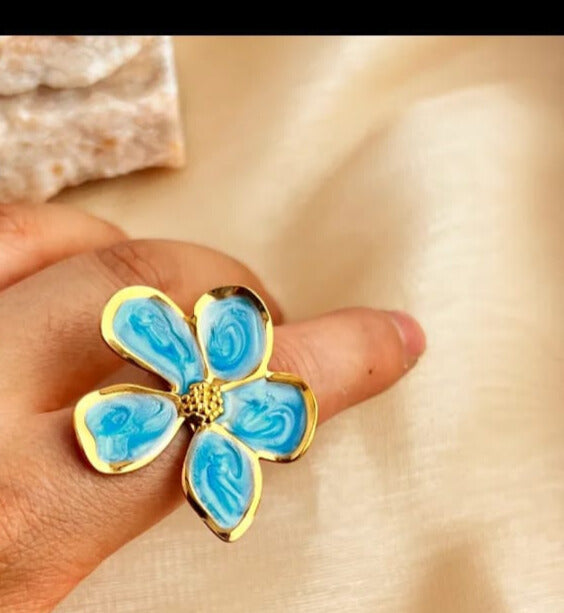 Anillo de acero inoxidable 304 chapado en oro de 18 k flor azul