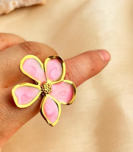 Anillo de acero inoxidable chapado en oro de 18 k estilo retro en flor rosa