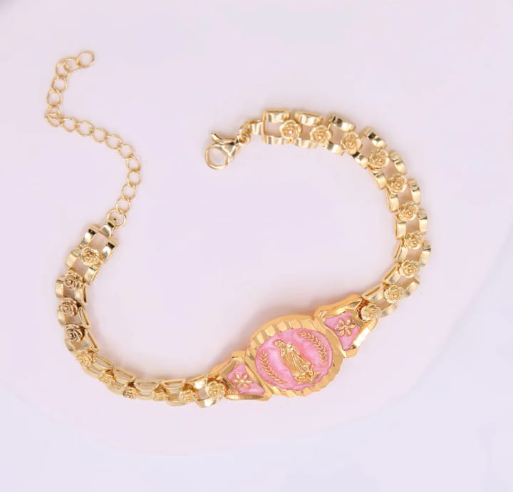 Pulsera con motivo religioso de cobre esmaltado y baño de oro de 18 k en dorado con rosa