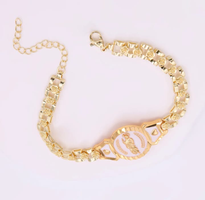 Pulsera con motivo religioso de cobre esmaltado y bañado en oro de 18 k en dorado y blanco