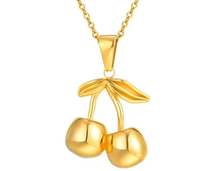 Collar con dije de cereza en acero inoxidable 304 y chapado en oro de 18 k