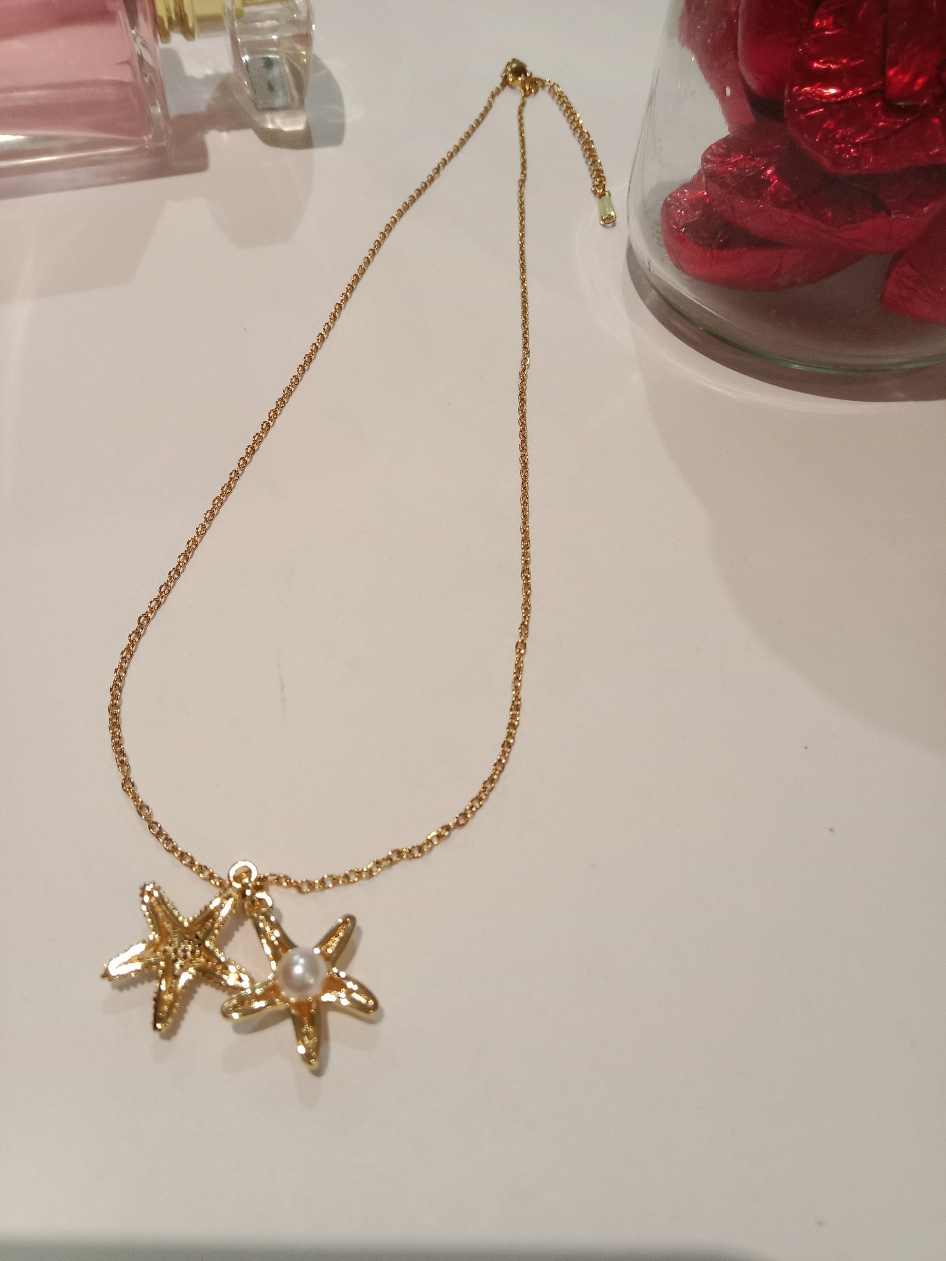 Cadena con dije de estrella de mar acero inoxidable 304 y chapado en oro de 18 k