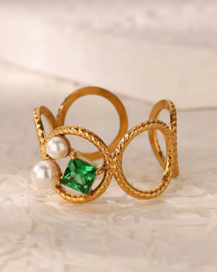 Anillo acero inoxidable circón chapado en oro de 18 k color verde
