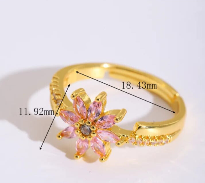 Anillo dulce flor rosa cobre circón chapado en oro de 18 k